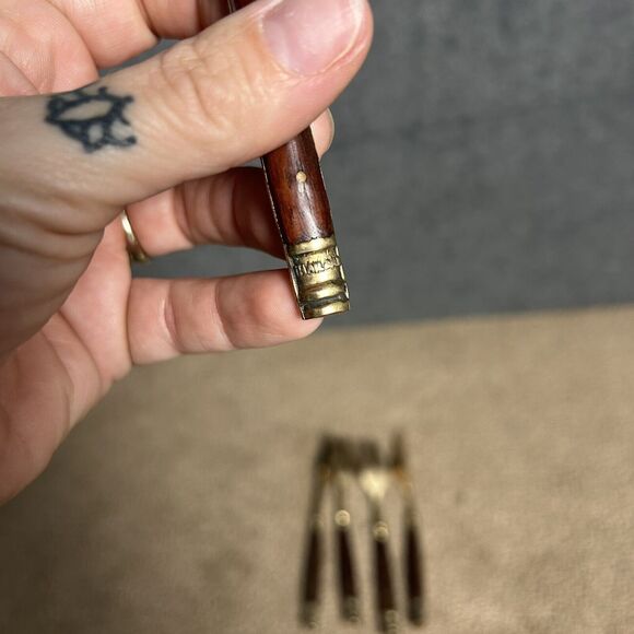 Vintage Lot of 5 Thailand Brass and Teakwood Mini Forks Flatware - Picture 3 of 4